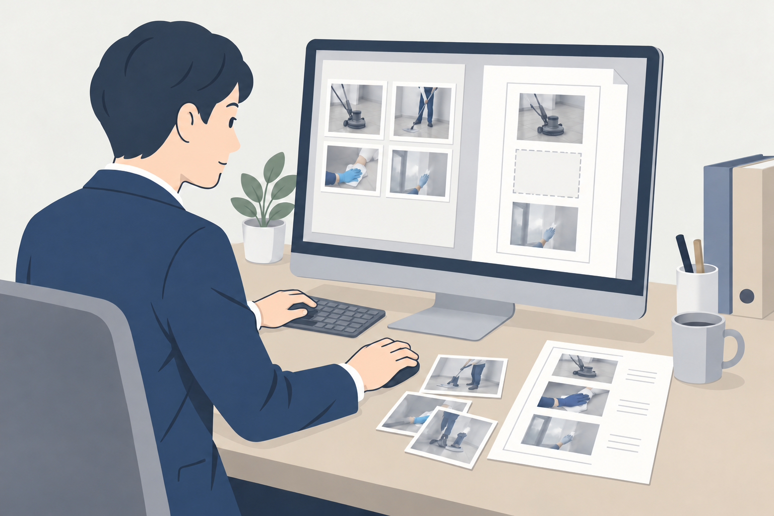 届いた写真を一枚ずつ選び、報告書に貼り付ける手作業