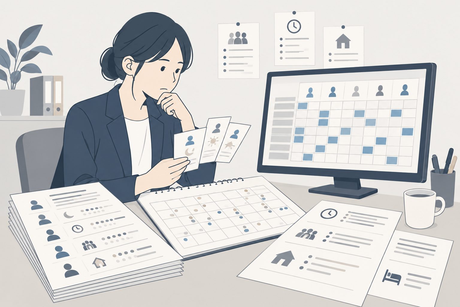 希望休や現場ごとの条件を見比べながら、手作業でシフトを組む様子