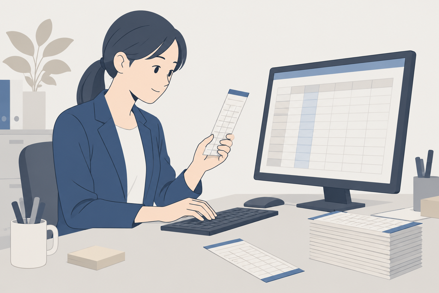大量の紙のタイムカードを見ながらExcelへ手入力する様子